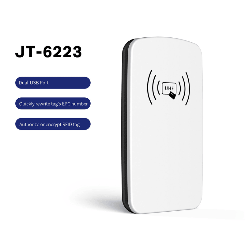 Страничен изглед на UHF RFID настолния четец JT-6223 подчертаващ компактната му дебелина 28mm и издръжливия ABS корпус