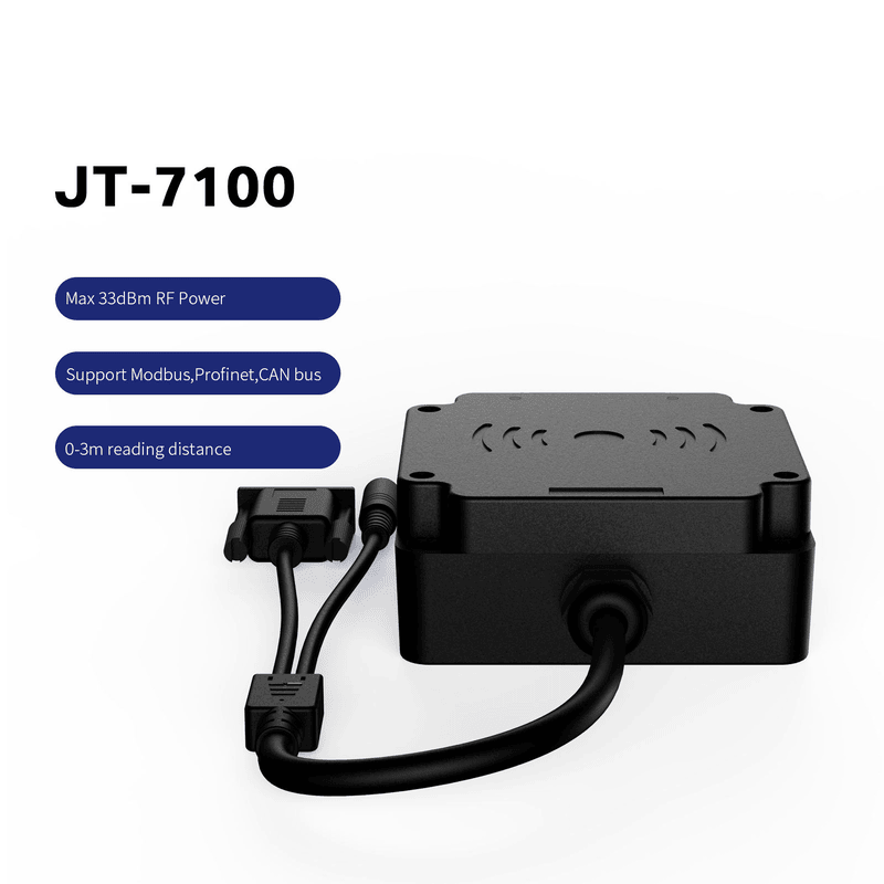 Наклонено продуктово изображение показва индустриалния UHF четец JT-7100 с дебел индустриален корпус за употреба в свързана среда.