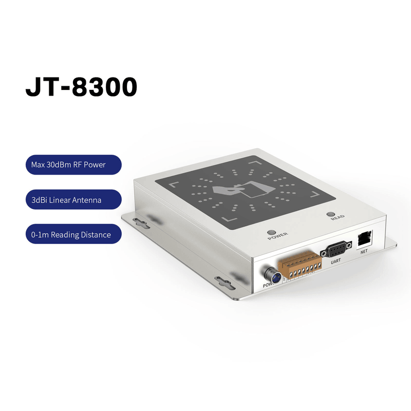 Илюстрация на четеца JT-8300 демонстрираща мощния му обхват на четене 100cm и дистанция на запис 40cm за пакетна обработка