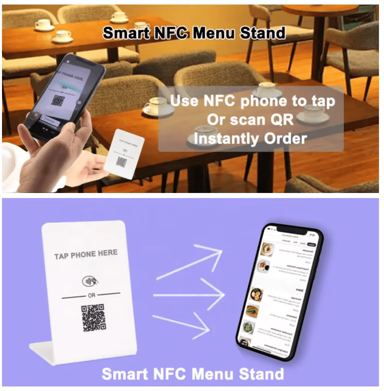 Изображението показва персонализирана NFC QR код дисплей стойка за промоции в реална сцена на приложение за NFC Stands.