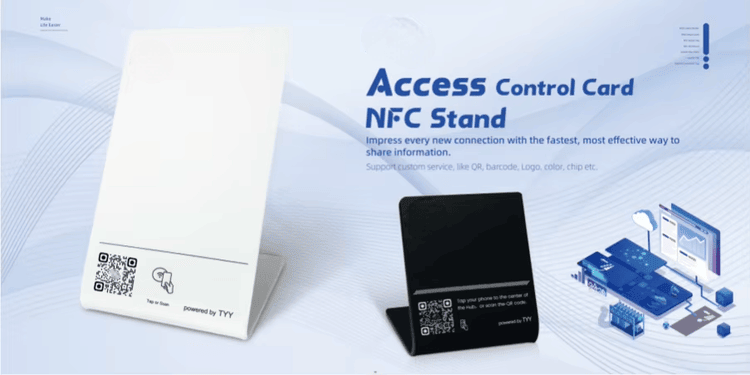 Акрилна NFC стойка със стабилна основа за ревюта на плот, показана от перспектива за сигурен достъп при приложения с NFC Stands.
