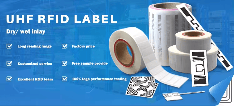 UHF RFID етикети за контрол на наличностите в безмитни магазини на летища, показани върху метална повърхност.