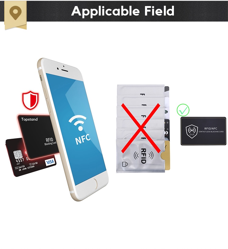 RFID протектор за карти и сигурност на портфейл, показан от перспектива на безконтактно сканиране за RFID Blocking Cards приложения.