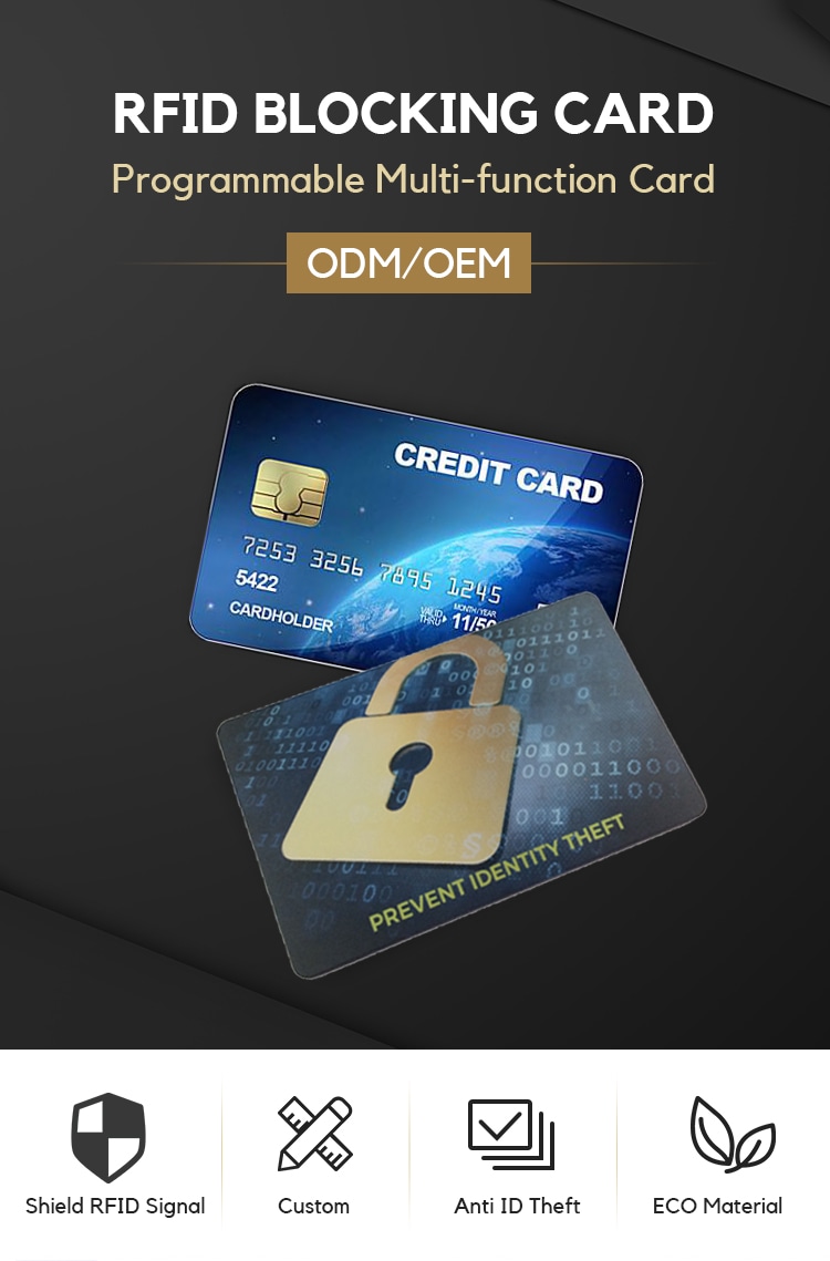 RFID NFC блокираща карта за сигурност на портфейла с детайл на чипа за купувачи, сравняващи решения RFID Blocking Cards.
