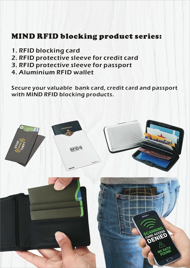 Инфографика на серията RFID блокиращи продукти с подчертани калъфите и портфейлите за противокражбена защита на картите и поверителност.