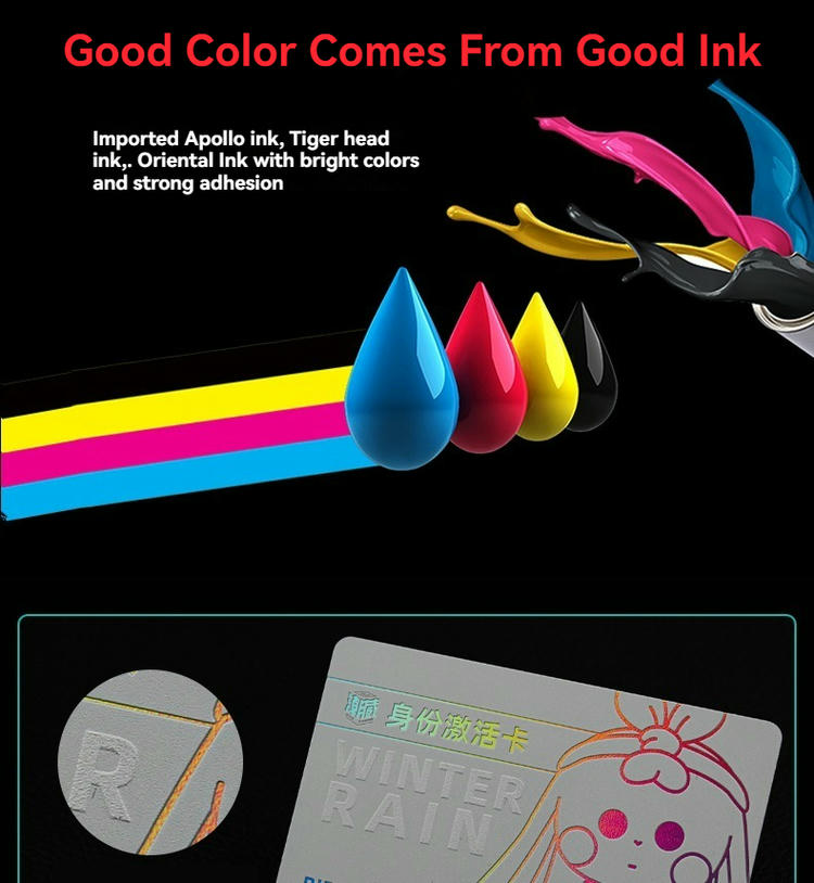 Графика за качеството на мастилото обяснява CMYK офсетов печат за пластмасови карти с цветни капки и примерна текстура на карта отблизо.