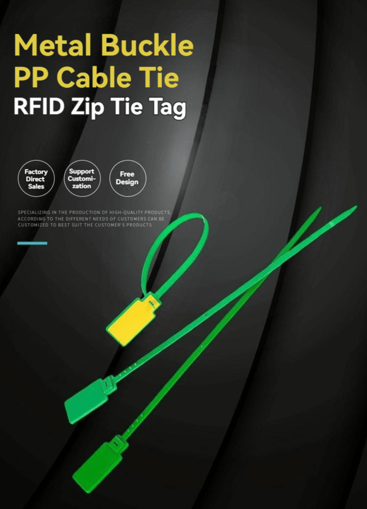 Тъмна банер графика представя PP RFID таг тип кабелна връзка с метална катарама, модел Z33230-1, и показва тагове в затворена примка и права позиция на лентата.