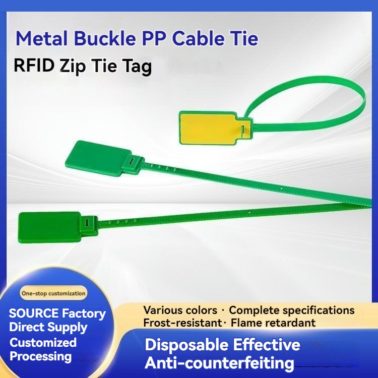 Промоционален плакат подчертава RFID кабелен таг тип цип модел Z33230-1 с метална катарама и PP лента с послание за еднократна употреба срещу фалшифициране и продуктови изгледи.
