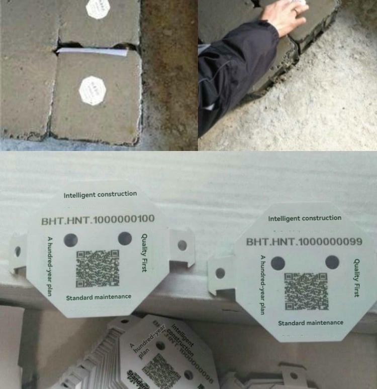 Колаж показва вградени бетонни пробни блокове и налични PVC5050-1 RFID тагове за бетон, за да илюстрира полева употреба и складова наличност.