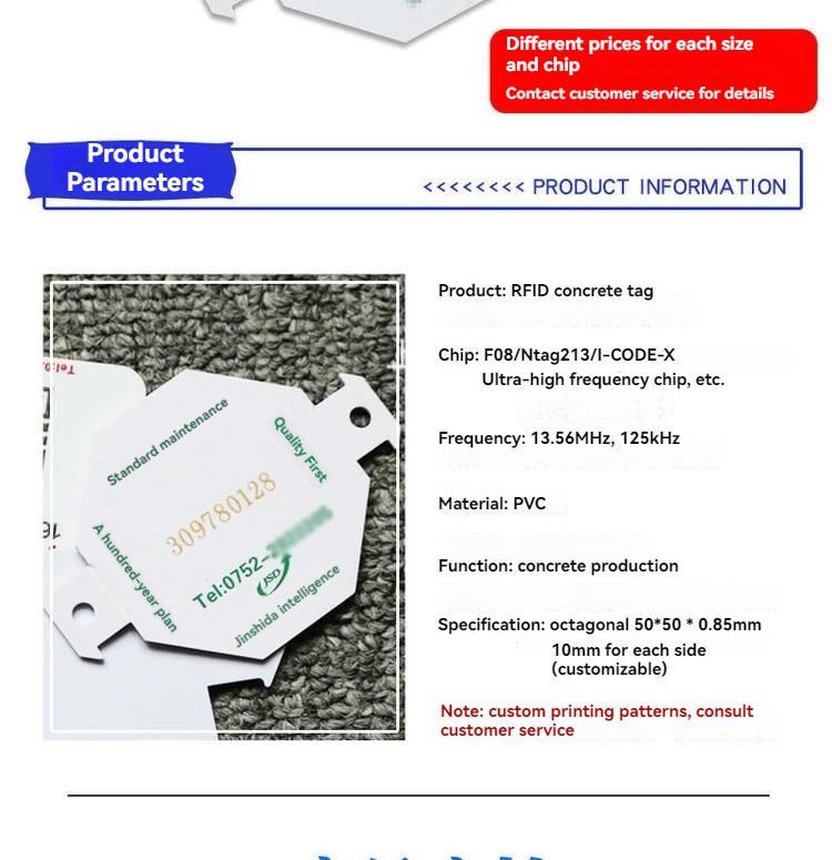 Таблица с параметри показва PVC5050-1 RFID таг за бетон с опции за чип, честота, материал и размер до изображението на продукта.