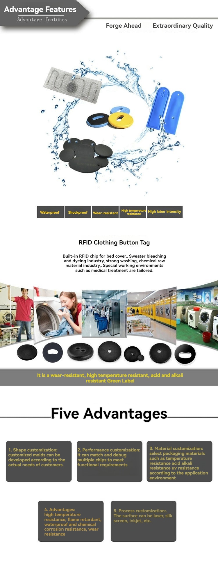 Табло с предимства представя белия RFID таг копче RCT23-2 за облекла с водоустойчиви, удароустойчиви и износоустойчиви характеристики.