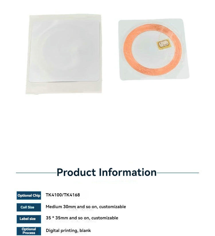 Продуктова информационна страница показва лицевата и антенната страна на LF RFID етикета над таблица със спецификации.