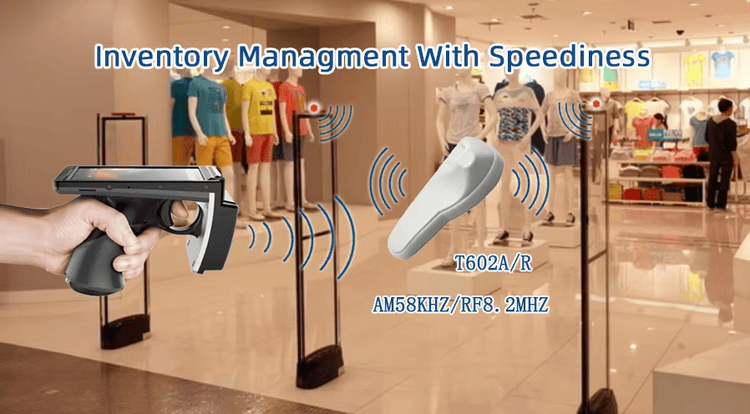 Графика на ER6830 RFID таг за ритейл с ръчно сканиране и изходни EAS врати, показваща контрол на наличности и превенция на загуби.