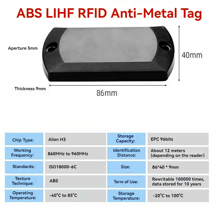 Изображението показва индустриални ABS RFID тагове за метал при проследяване на инструменти, монтирани върху метална повърхност за приложения ABS On-Metal RFID Tags.
