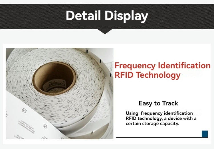 Детайлното изображение показва ролка RFID етикети като пример за радиочестотна идентификация и лесно проследяване на продукти.
