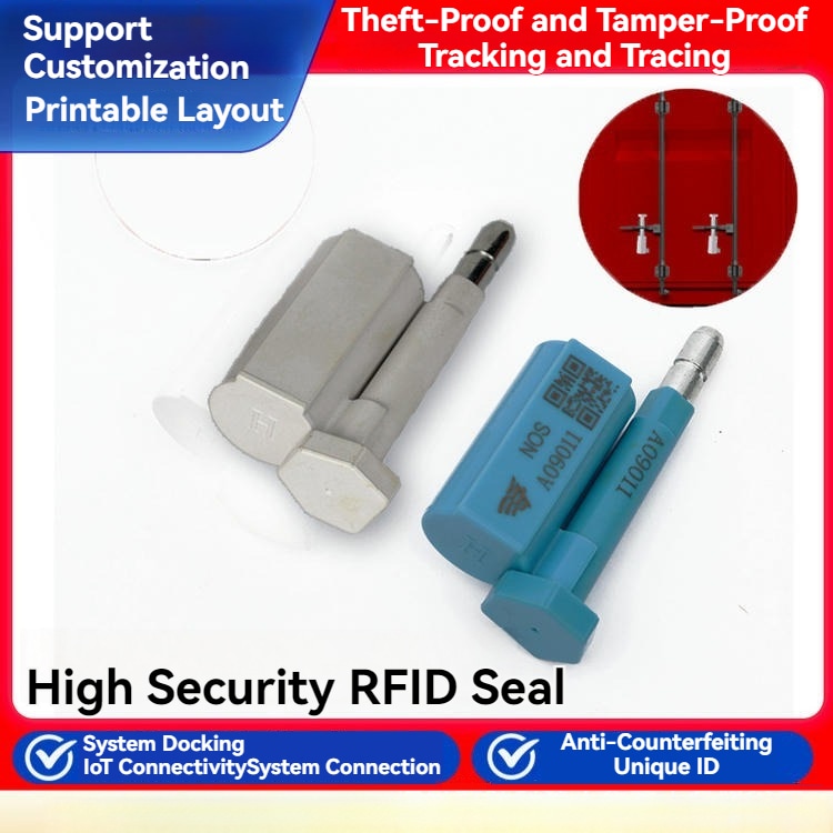 Постер за персонализиране показва бели и сини RFID защитни пломби SS8725-1 с отпечатан код и функции за проследяване.