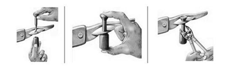 Схема в три стъпки показва как RFID пломбата SS8725-1 се поставя, заключва и след това се разрязва с клещи.