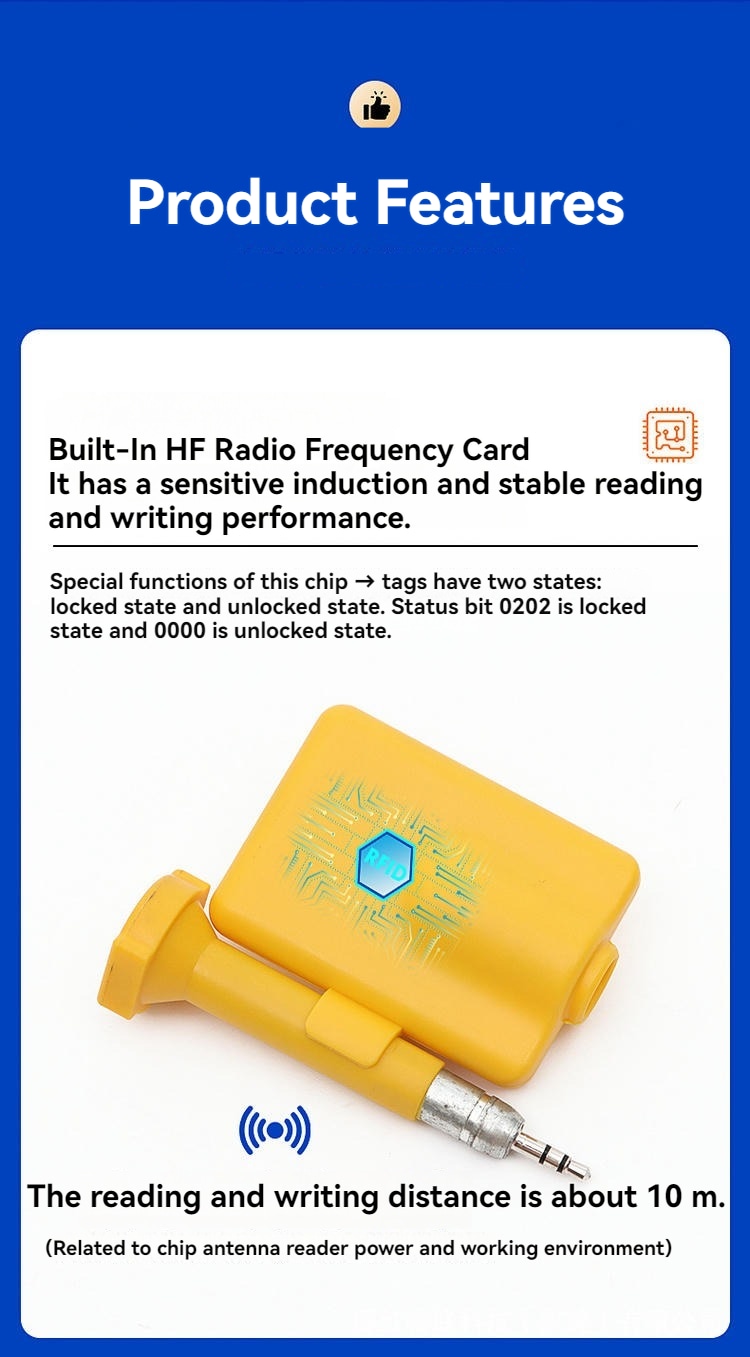 Постер с характеристики обяснява вградената RF карта на жълтата RFID защитна пломба SV-008 с подчертана графика на чипа.