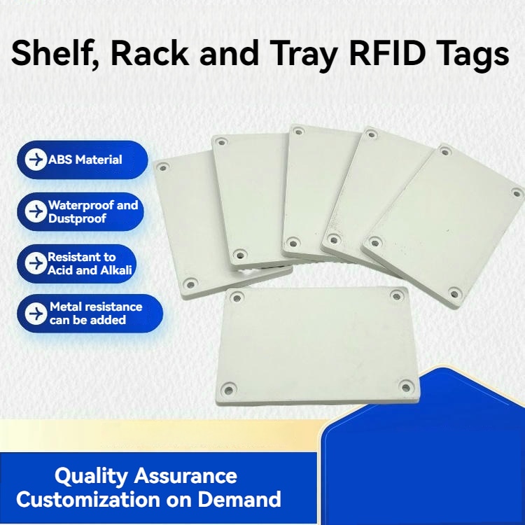 Изображението показва шест бели ABS RFID етикета за рафтове и тави подредени заедно за да представят плоския правоъгълен стил на корпуса.