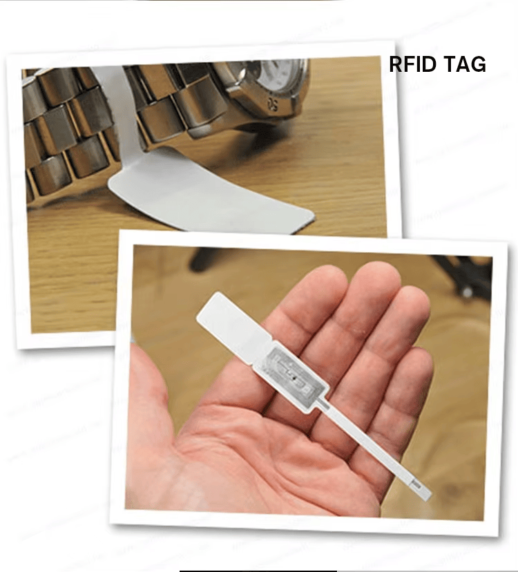 Колаж показва използване на RFID таг върху каишка за часовник, метални части и ръчен лентов таг в реални продуктови сцени.