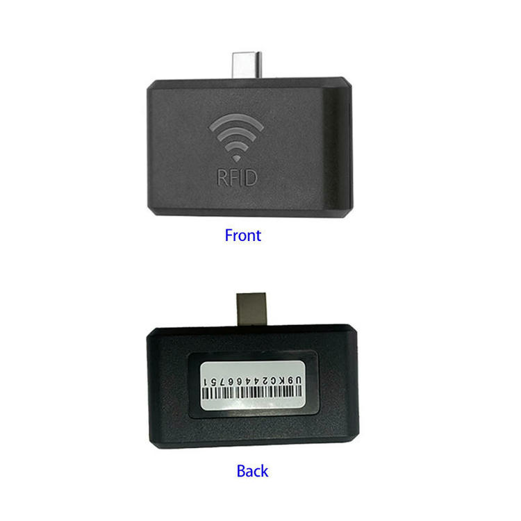 Мобилният UHF RFID четец ZK-RFID-9KC е представен с изглед отпред и отзад за да покаже Type-C щепсела и зоната за етикет с баркод.