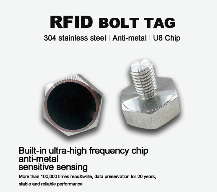RFID тагове тип болт в защитна опаковка, подготвени за внедряване в проекти за UHF идентификация върху метал.