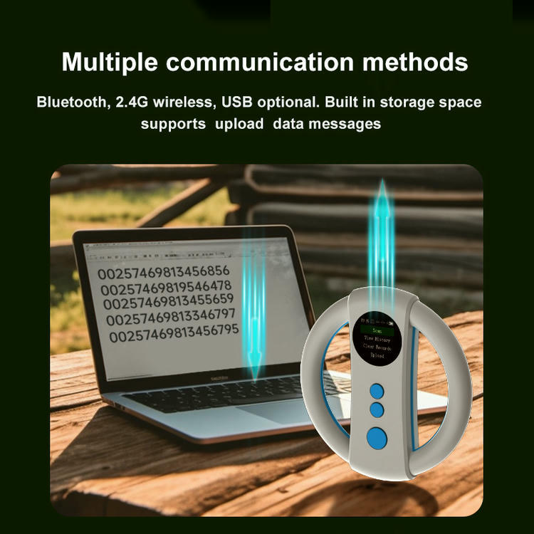 Комуникационна графика показва W91C RFID четец за животни, който изпраща съхранени ID номера към лаптоп чрез безжичен или USB трансфер.