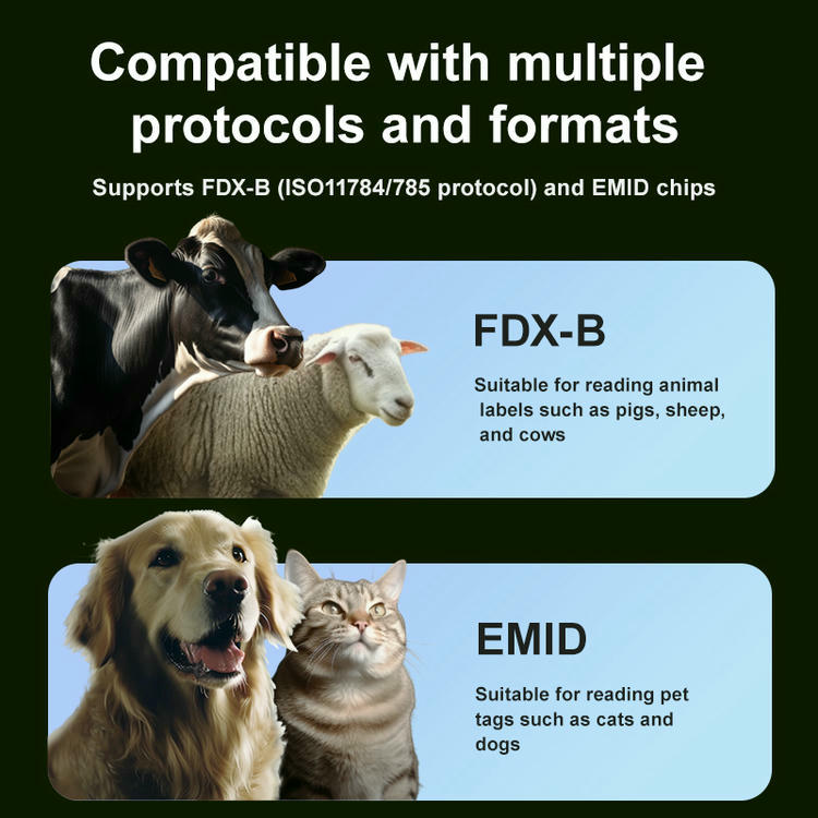 Графика за съвместимост показва поддръжка на FDX-B и EMID формати от W91C с изображения на добитък и домашни любимци.