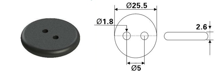 Схемата с размери показва PPS RFID таг за пране PPSD25-1 с диаметър 25.5 mm, дебелина 2.6 mm и два отвора за пришиване.