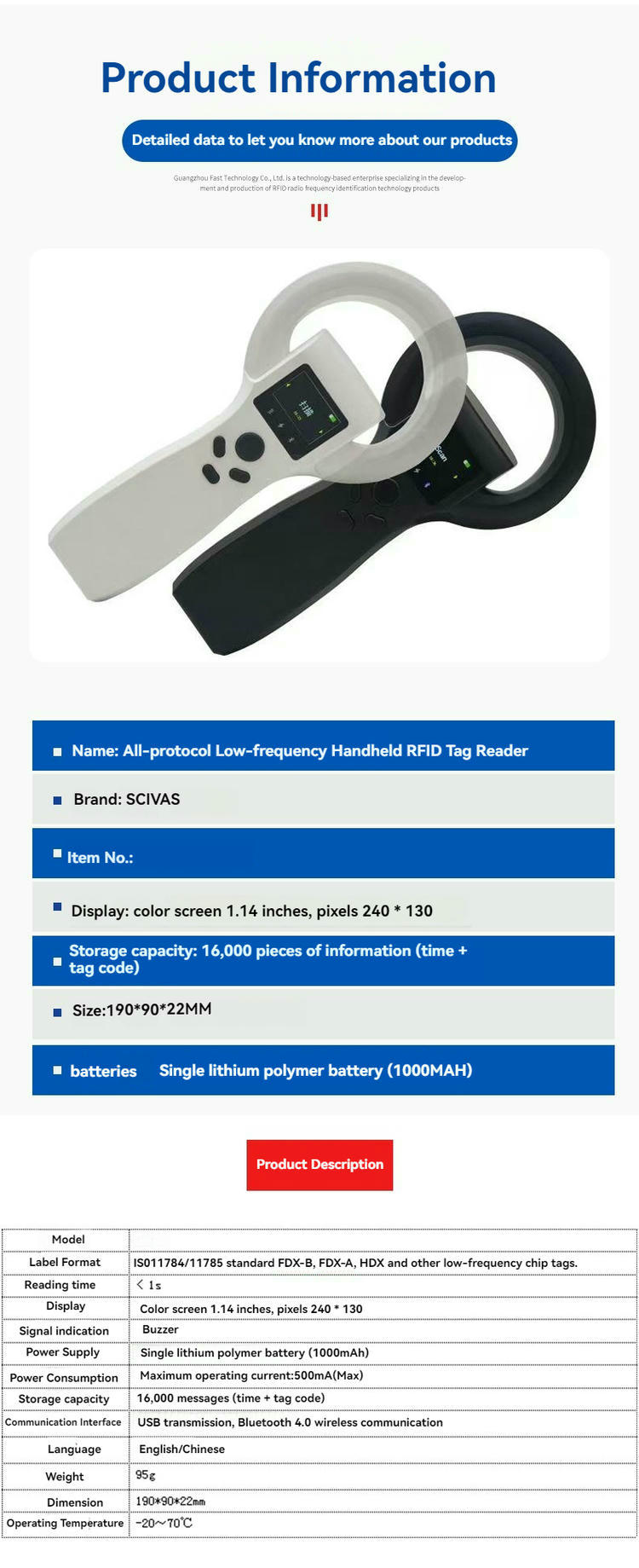 Информационен лист с продуктови данни за TS-L401 134.2kHz LF RFID четец, включително дисплей, памет, батерия и размери.
