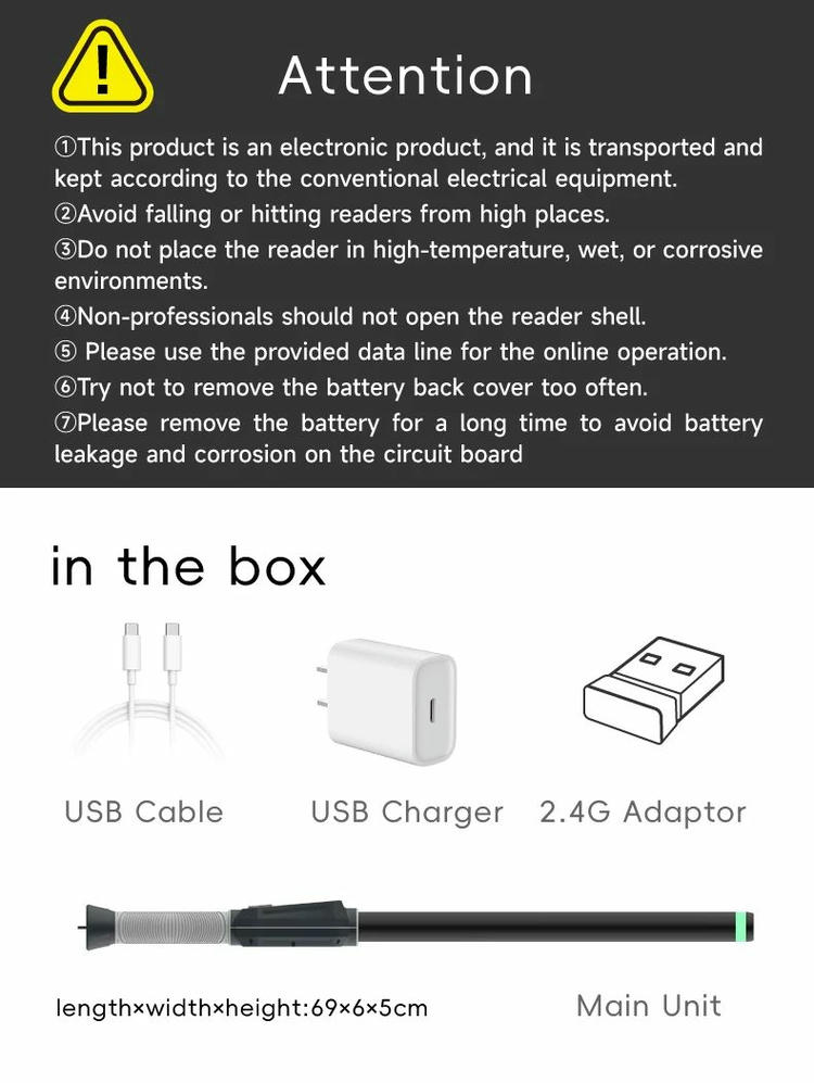 Изображение на опаковката показва съдържанието на комплекта FS-A18-LF с USB кабел, зарядно, 2.4G адаптер и основния стик модул за сравнение на размера
