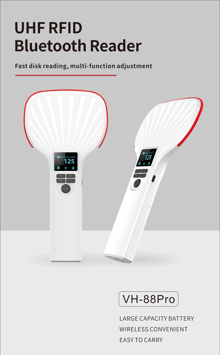 Ръчен RFID четец VH-88pro, използван в складова среда за бързо групово четене на тагове върху високи стелажи.