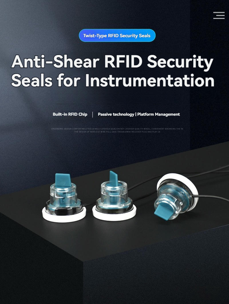 Рекламно изображение представя три RFID защитни пломби SS23-1 върху тъмна поставка за използване с измервателни уреди и платформи.