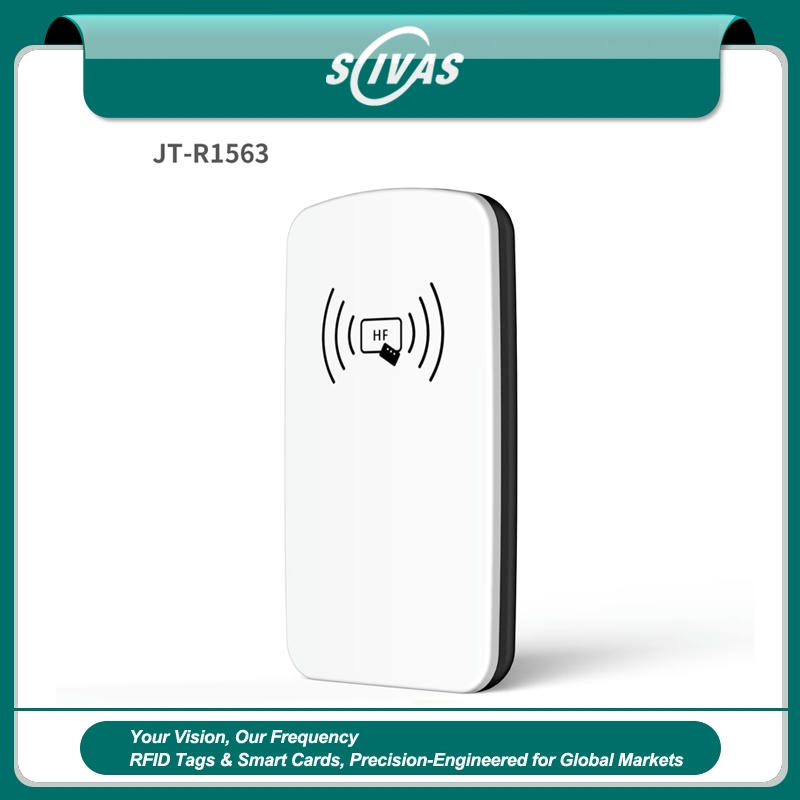 Студийна основна снимка на настолния HF RFID четец JT-R1563 13.56MHz изправен с безконтактна HF икона.