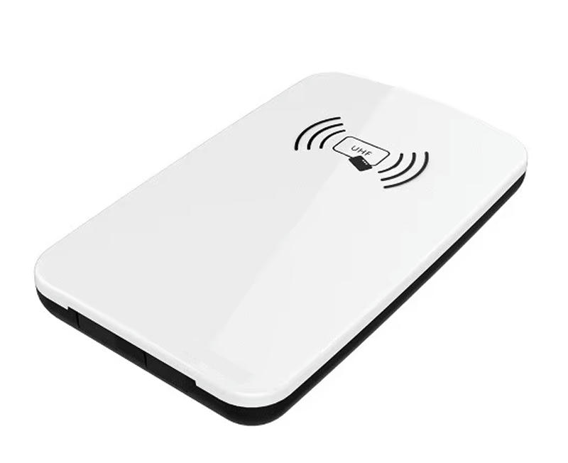Горен изглед на настолния HF RFID четец JT-R1563 с гладка бяла повърхност и икона за безконтактна антена.