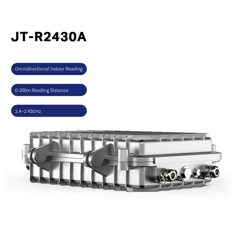 Задният изглед на активния RFID четец JT-R2430A показва висококачествените интерфейсни конектори и монтажни точки за професионален монтаж.