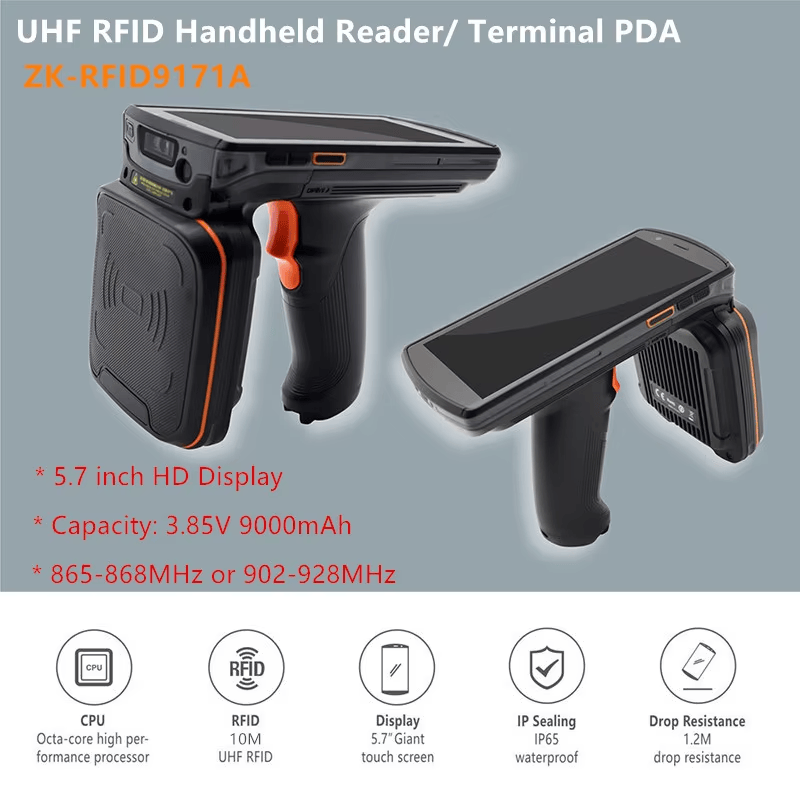 Здравият ръчен RFID компютър ZK-RFID9171A с рейтинг IP65 осигуряващ издръжливост в тежки складови и външни условия.