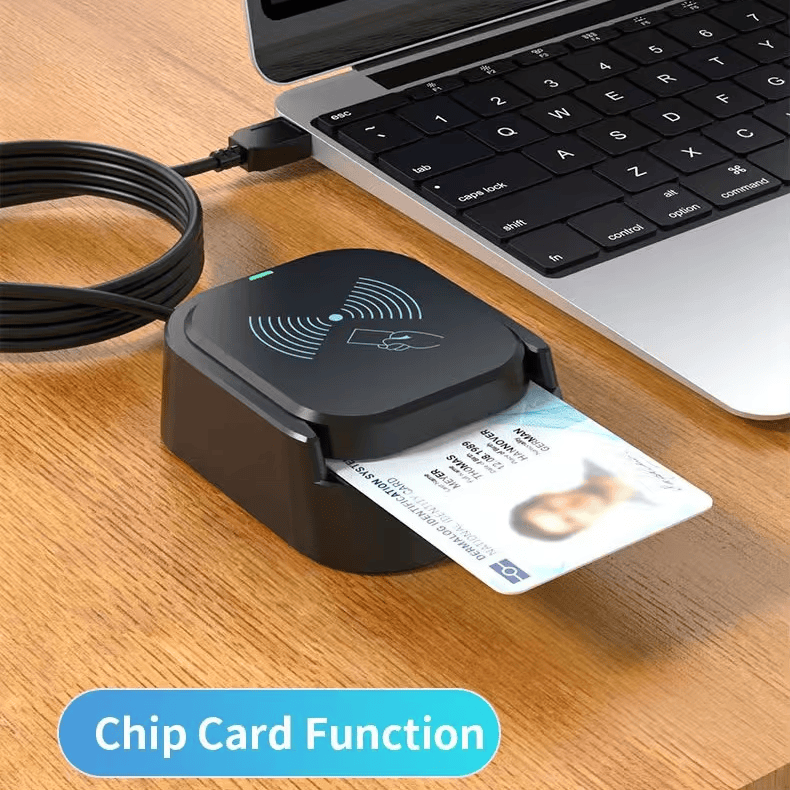 Снимка от висок ъгъл на RFID и IC терминала за карти HD-D03 показваща компактните му размери 85x68x28mm за разполагане на гише.