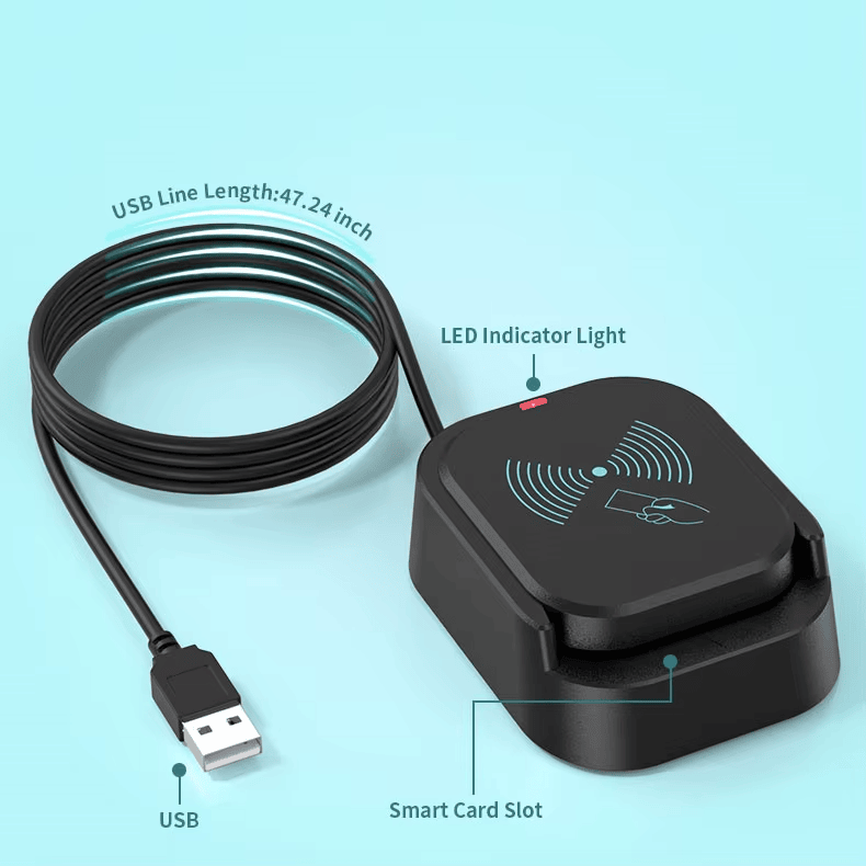 Страничен изглед на двуинтерфейсния usb четец HD-D03 показващ тънкия профил и интегрирания слот за смарт карти за IC карти.