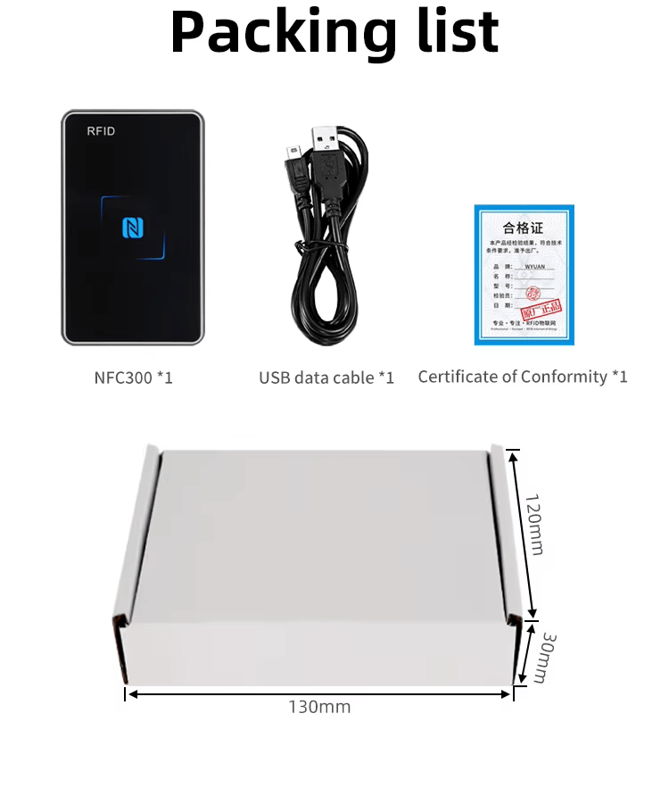 Изображението показва комплекта на NFC300, включително четец, USB кабел, сертификат за съответствие и схема на кашон за подготовка на доставка.