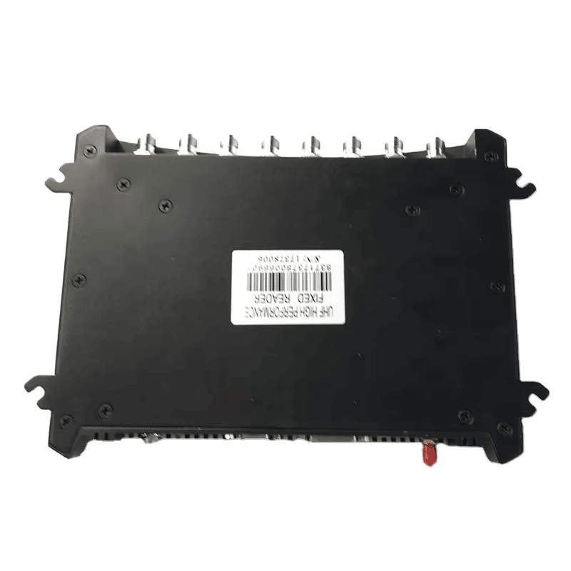 Долната страна на фиксирания RFID четец ZK-RFID408 е показана с продуктовия етикет и монтажните уши ясно видими.