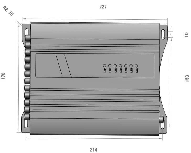 Изображението показва чертеж с предните размери на фиксирания UHF четец ZK-RFID1201, включително ширина, височина и монтажни отвори.