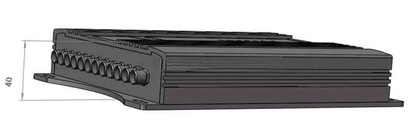 Изображението показва страничен профилен чертеж на фиксирания UHF четец ZK-RFID1201 с отбелязана височина 40 mm.