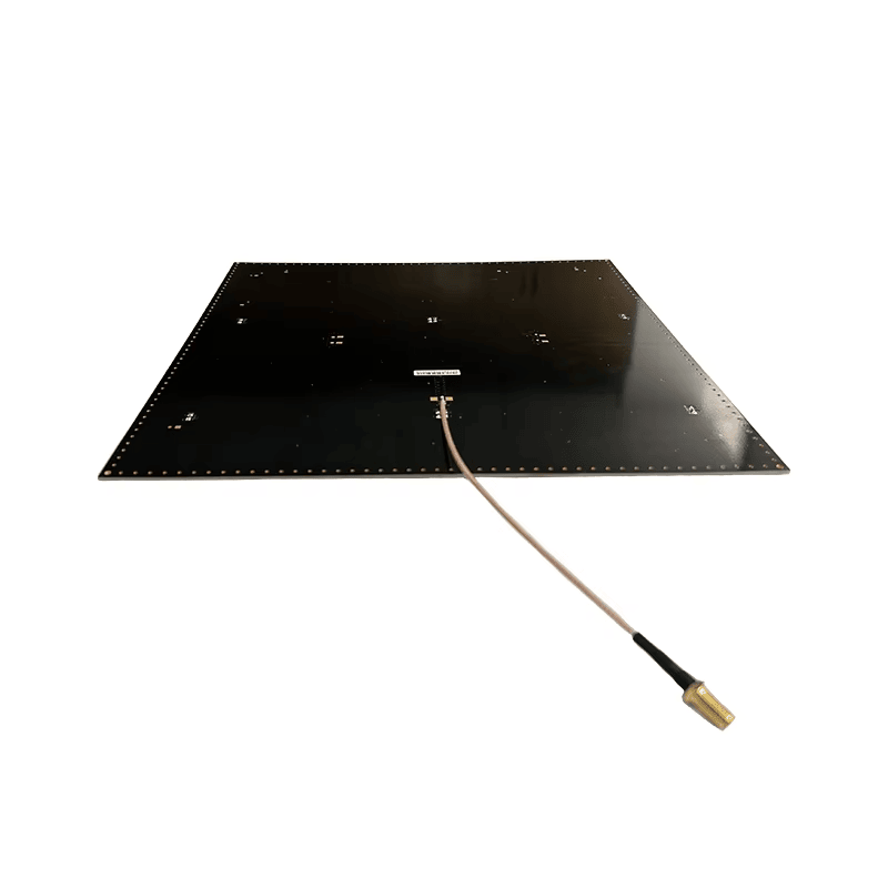 Изображението показва заден изглед на UHF RFID антената за близко поле ZK-ANT30DNF с кабел свързан в центъра.