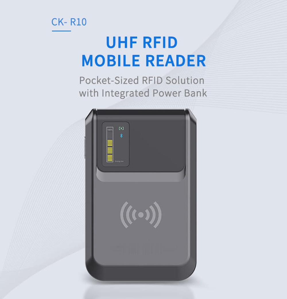 UHF RFID мобилен четец CK-R10 в продуктов постер, представен като джобно RFID решение с power bank.