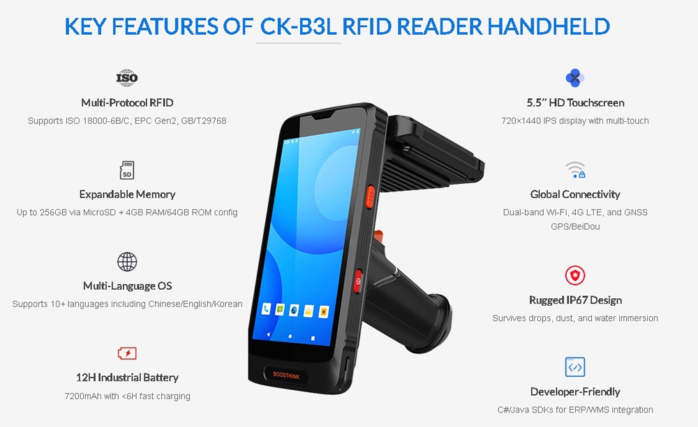 Със защита IP65 здравият ръчен RFID четец CK-B3L е устойчив на прах и водни пръски при работа на терен.