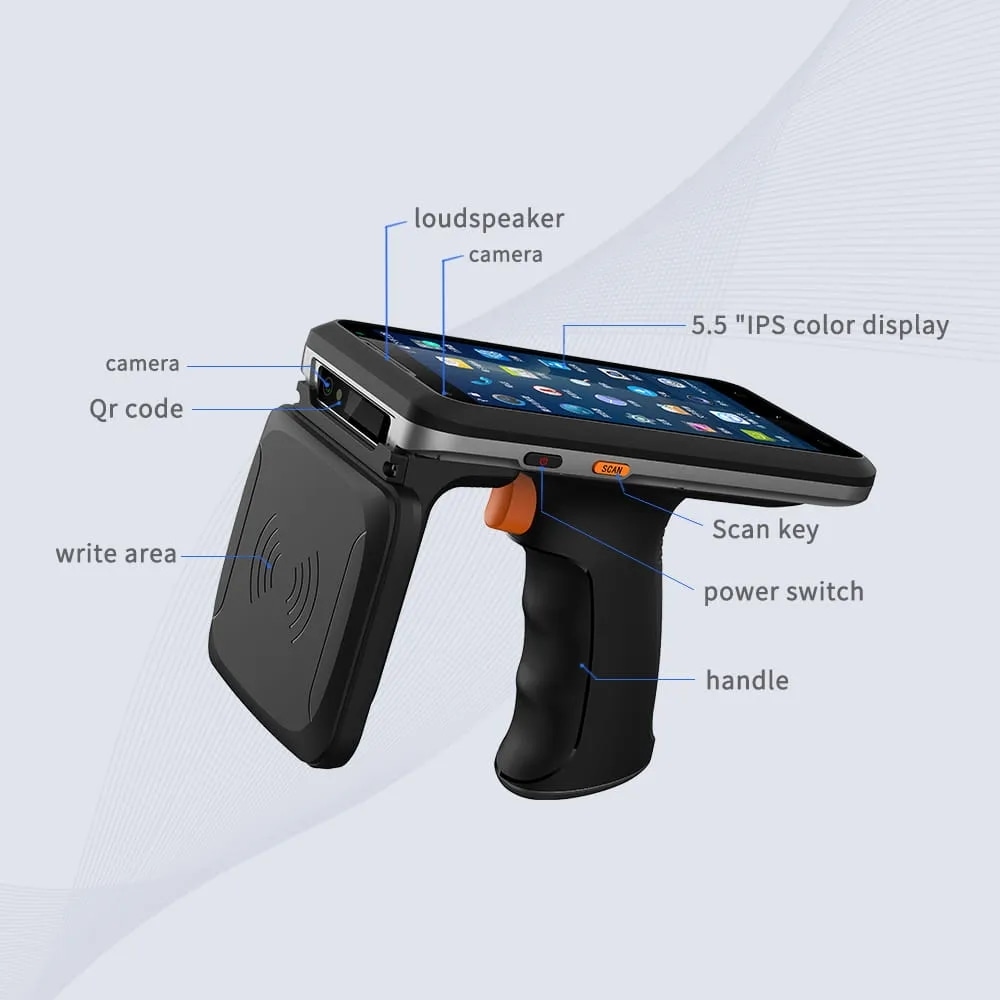 RFID четецът CK-B2 показващ ергономичната си пистолетна ръкохватка и голямата презареждаема батерия за удължена работа в широкомащабни складове.