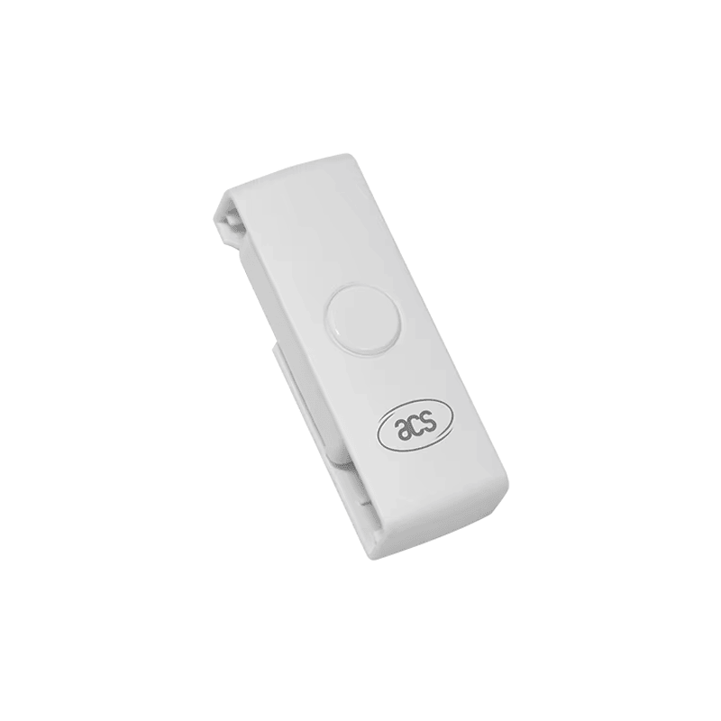 Четецът за смарт карти ACR39U-N1 PocketMate II е показан в затворена въртяща се позиция за подчертаване на компактния преносим дизайн на тялото.