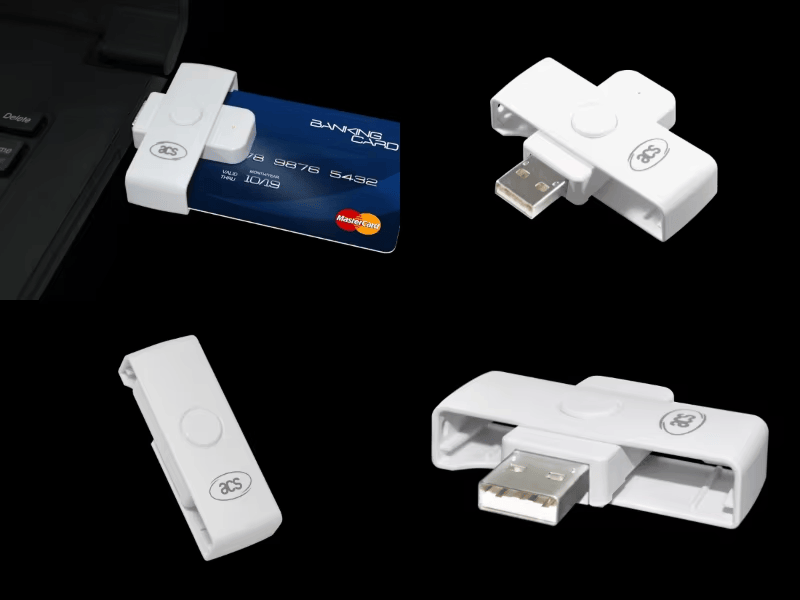 Четецът за смарт карти ACR39U-N1 PocketMate II е показан в колаж с четене на карта, затворен корпус и отворена USB връзка.