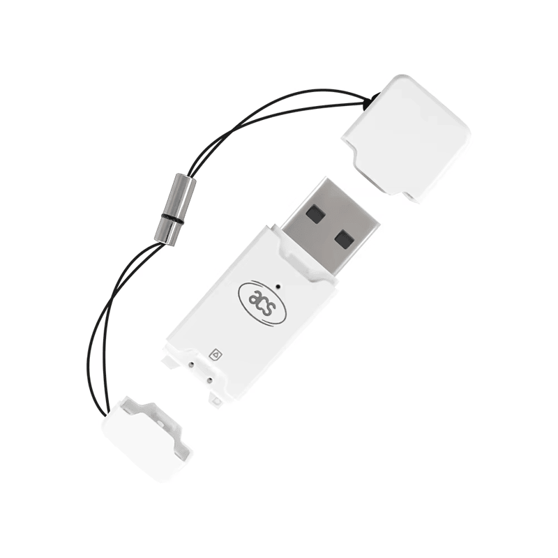 ACR40T SIM смарт картов четец е показан отново с открит USB Type-A конектор и капачка, окачена на черна връзка.